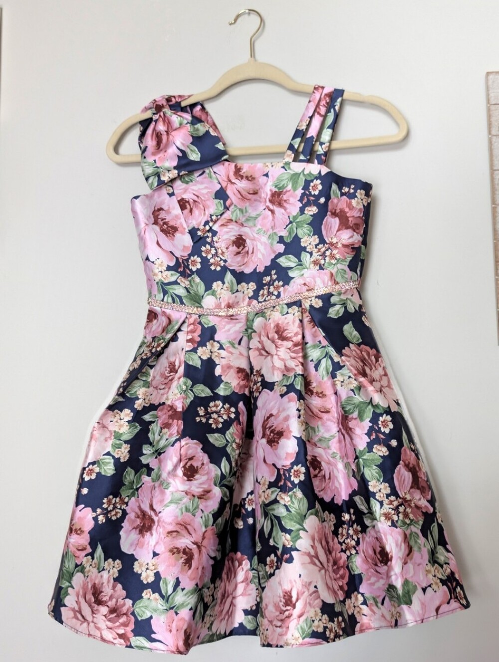 Navy and Pink Floral Girls' Party Dress with Bow Strap